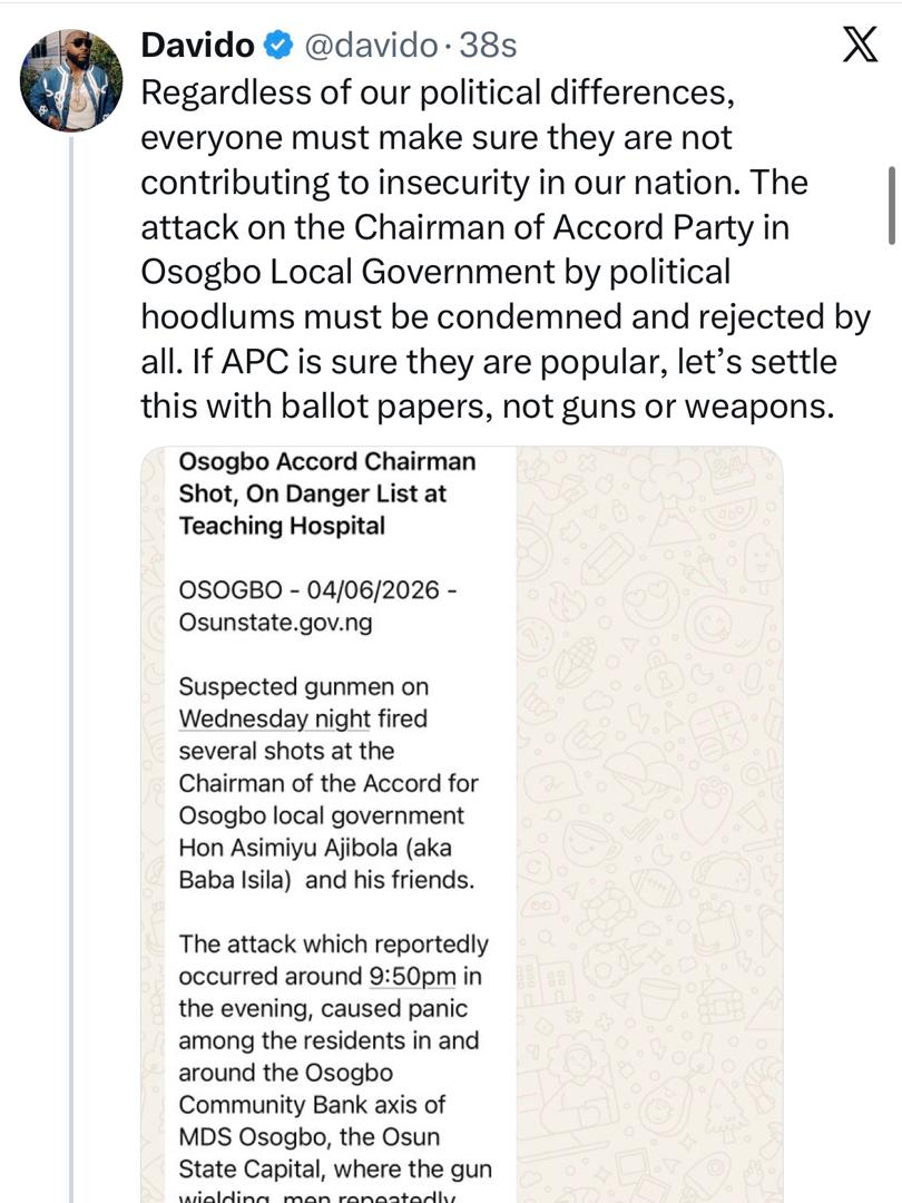 Singer Davido Davido condemns attack on Accord Party Chairman; challenges APC to ballot box